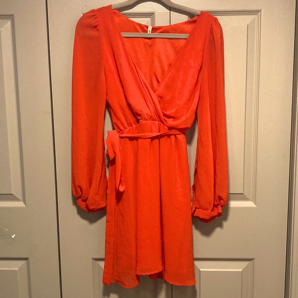 Sheer long sleeve orange mini dress